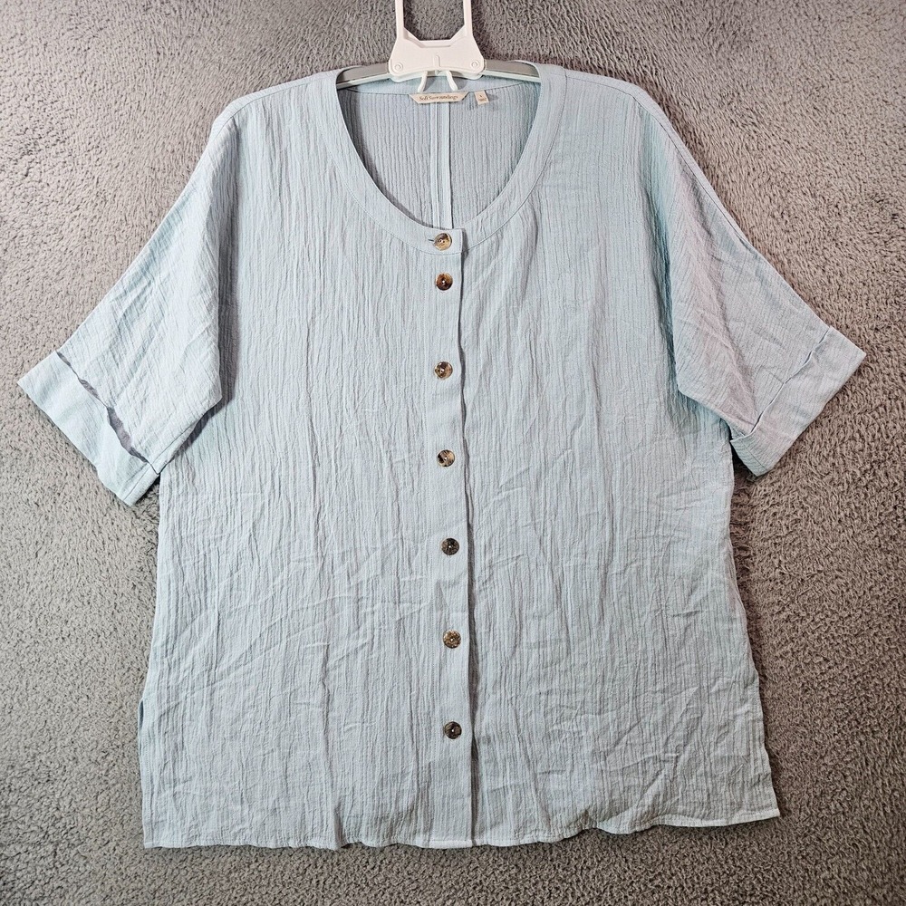 Soft Surroundings Tunic Top Shirt Blouse Women Large Button Up Short Sleeve Blue
